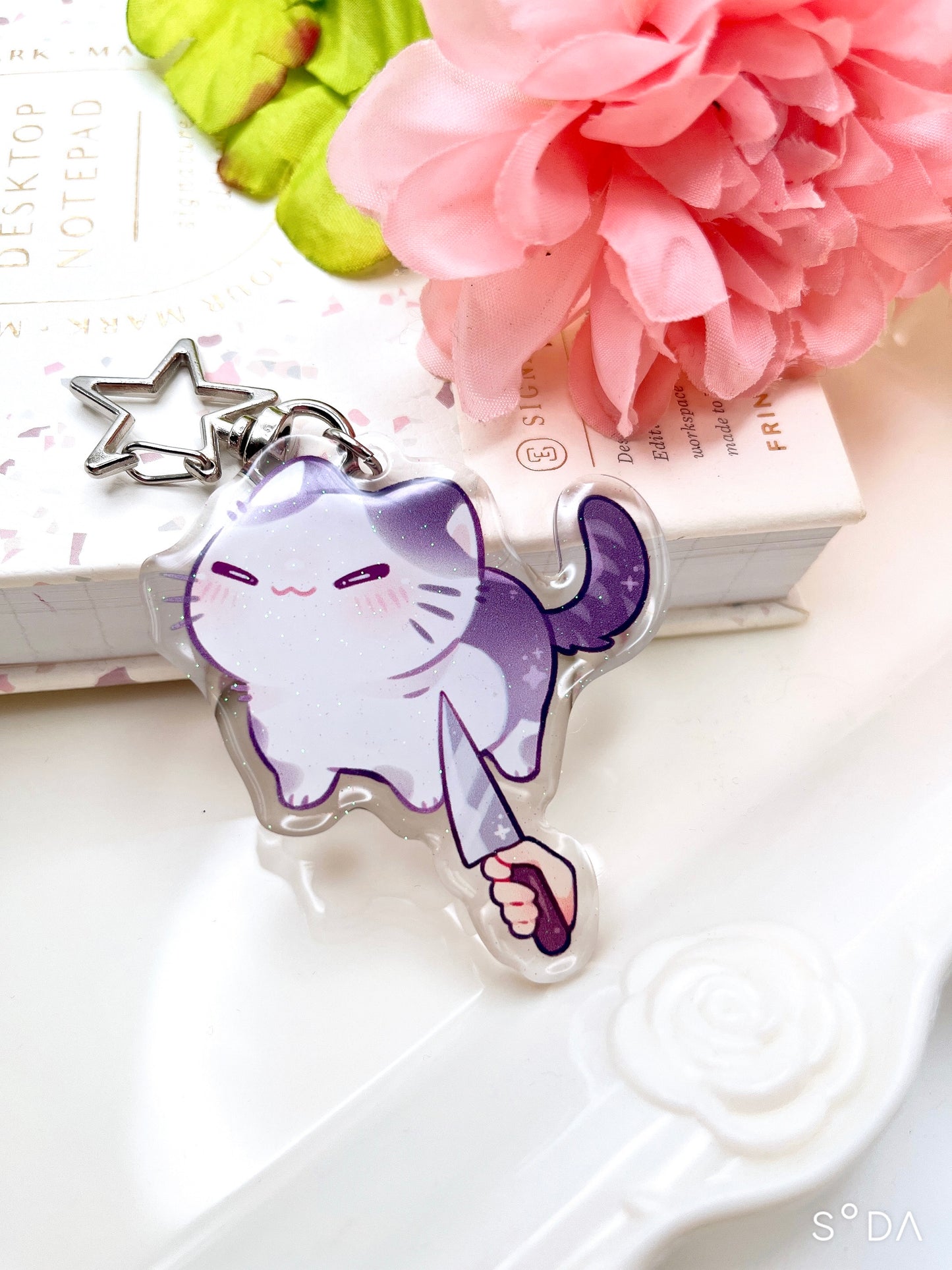 Smug Cat Knife Meme Glitter Keychain