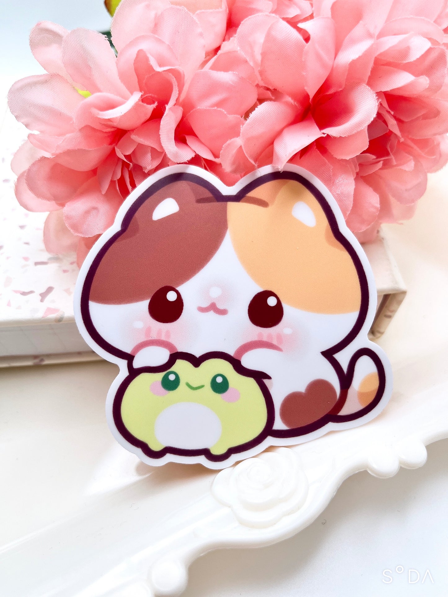 Cat with Froggie Friend Vinyl Sticker