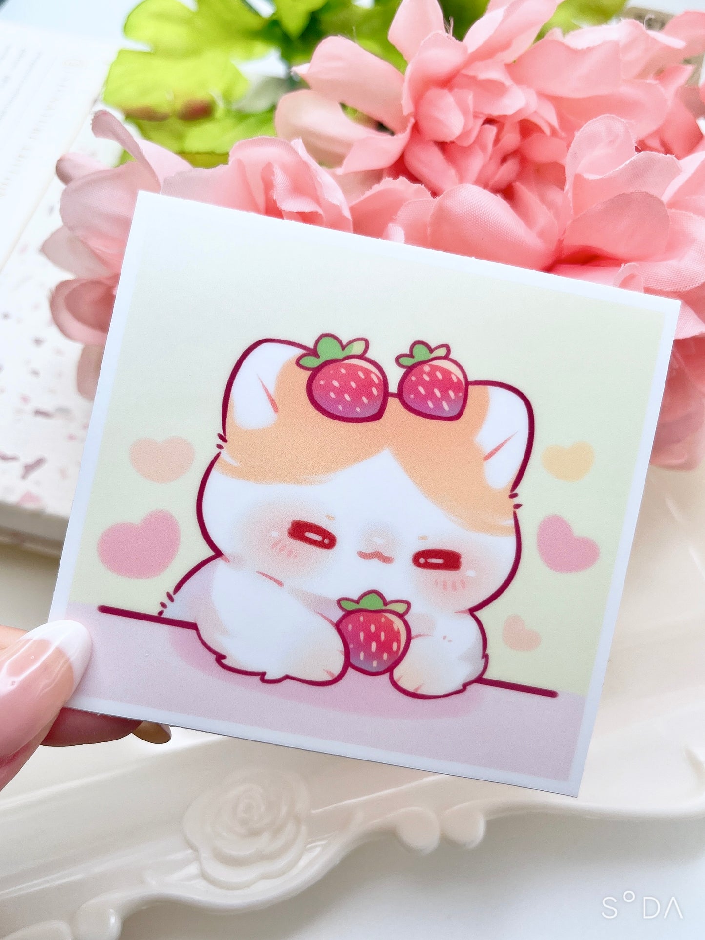 Cat with Strawberries Vinyl Sticker