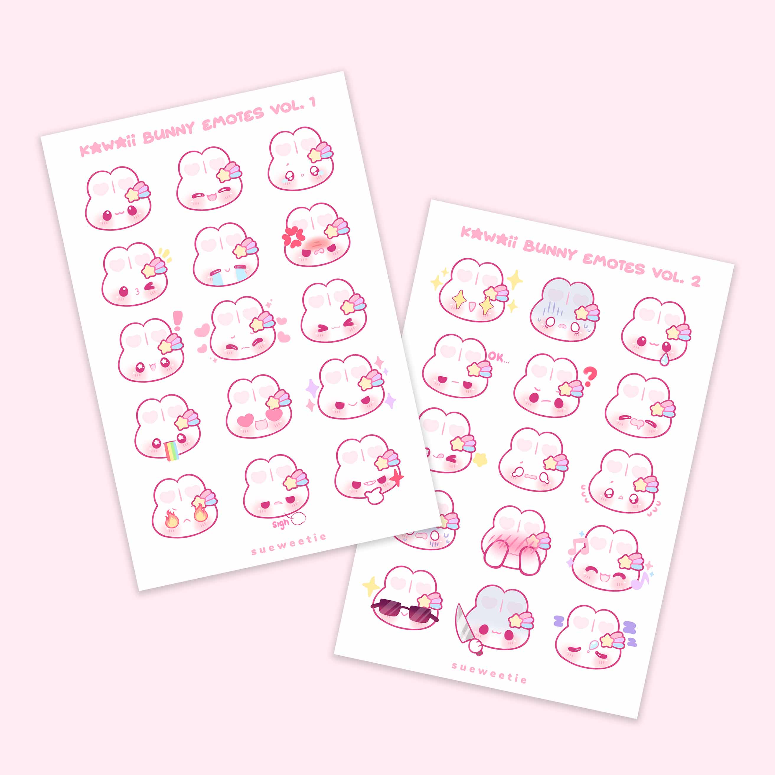 Kawaii Bunny Emotes Sticker Sheets β Sueweetie Arts