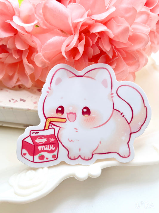 Cat Drinking Strawberry Milk Vinyl Sticker