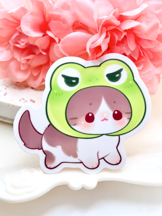 Cat with Frog Hat Vinyl Sticker