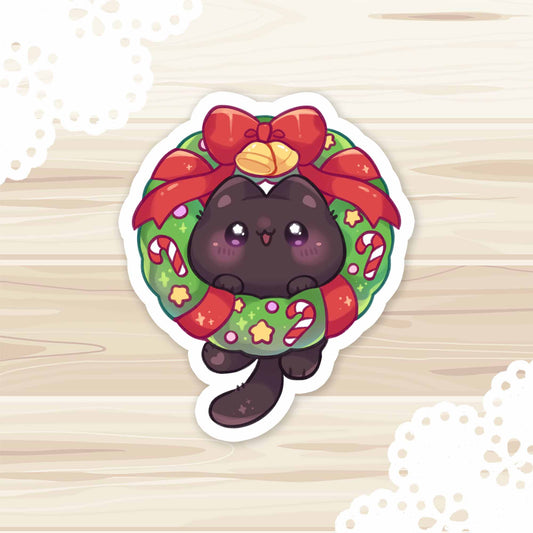 Christmas Wreath Cat Vinyl Sticker